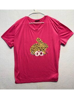 Pink Graphic T-Shirt With Leopard Print Bunny & Floral Design SeeYou Shy 4XL